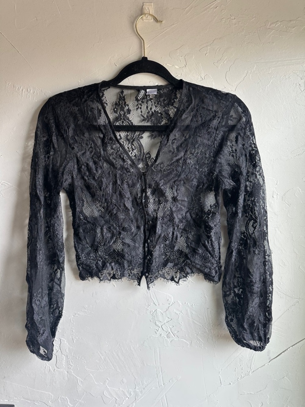 Black Sheer Lace Button Top Whimsigoth Dark Romantic Coquette Y2K Cropped Sz XS‎